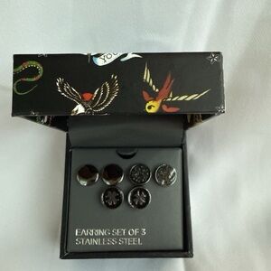 Ed Hardy Stainless Steel Earring Set - Black and Silver